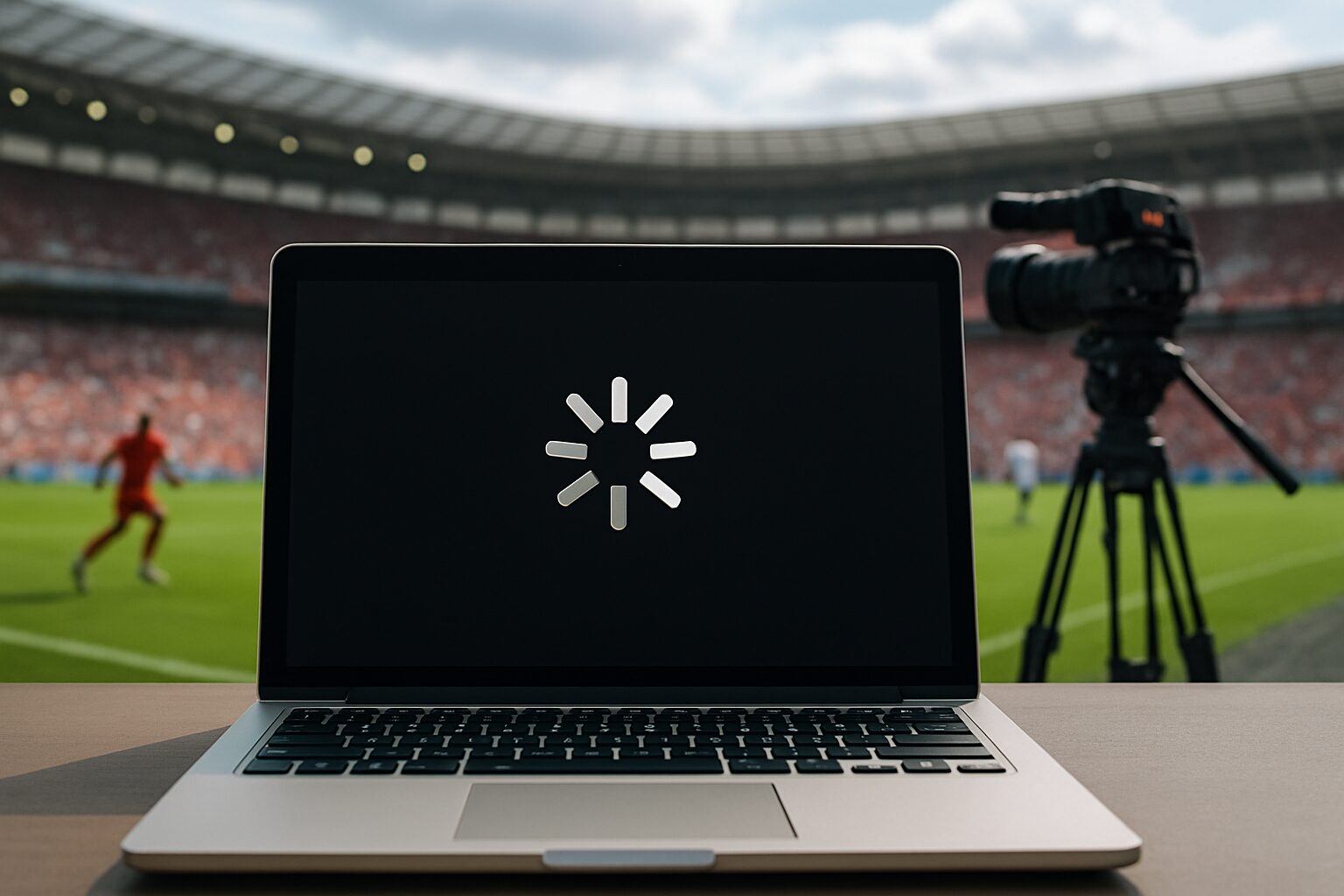 A laptop displaying a buffering icon in a stadium setting with blurred players in the background.