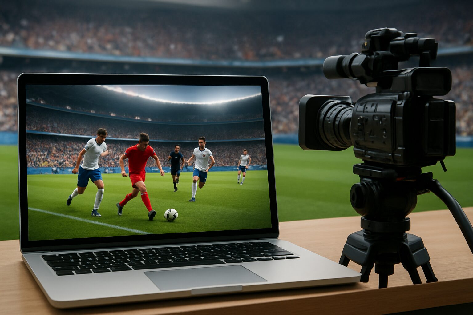 A laptop displaying a soccer match scene with players on a vibrant green field and a video camera positioned next to it.