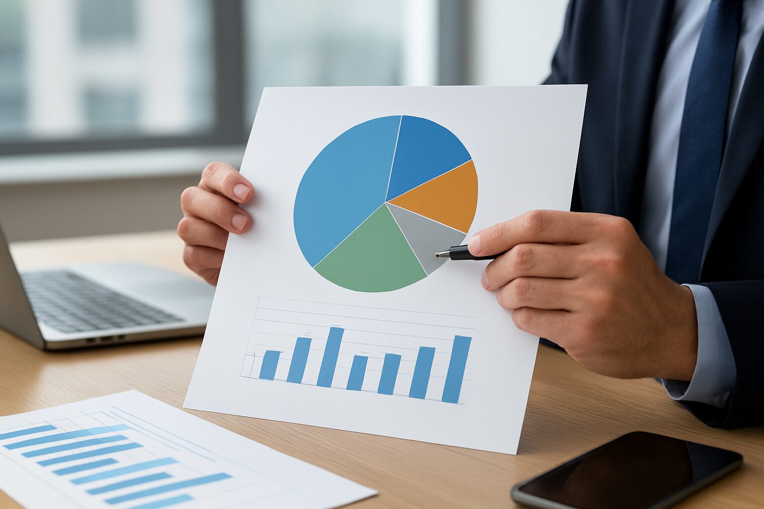 A person pointing at a pie chart and bar graph on a piece of paper while seated at a desk with a laptop and smartphone n