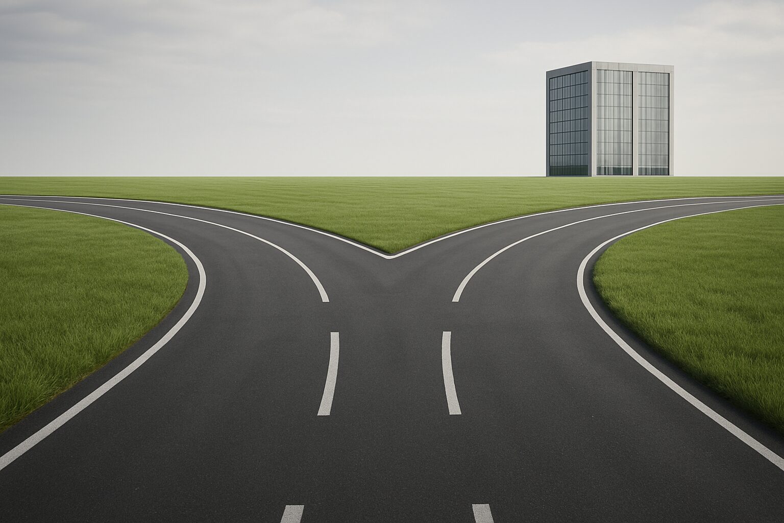 A fork in the road leading to a modern building, symbolizing choices in professional growth.